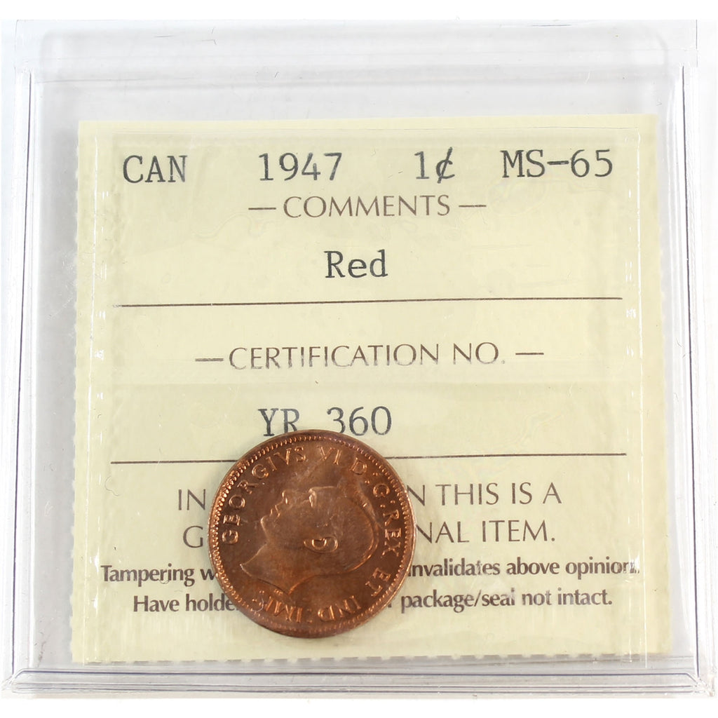 1947 Canada 1-cent ICCS Certified MS-65 Red