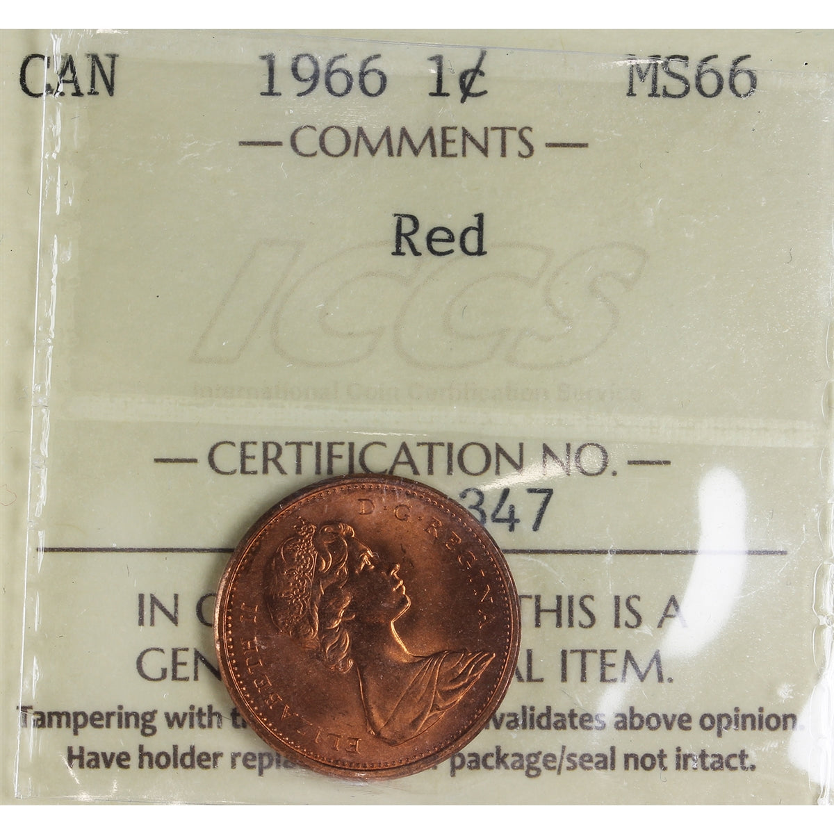 1966 Canada 1-cent ICCS Certified MS-66 Red