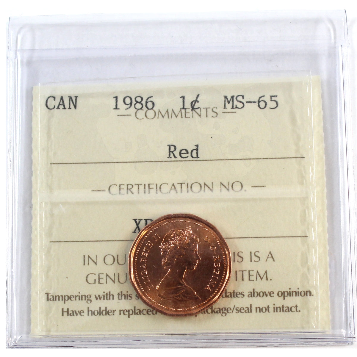 1986 Canada 1-cent ICCS Certified MS-65 Red