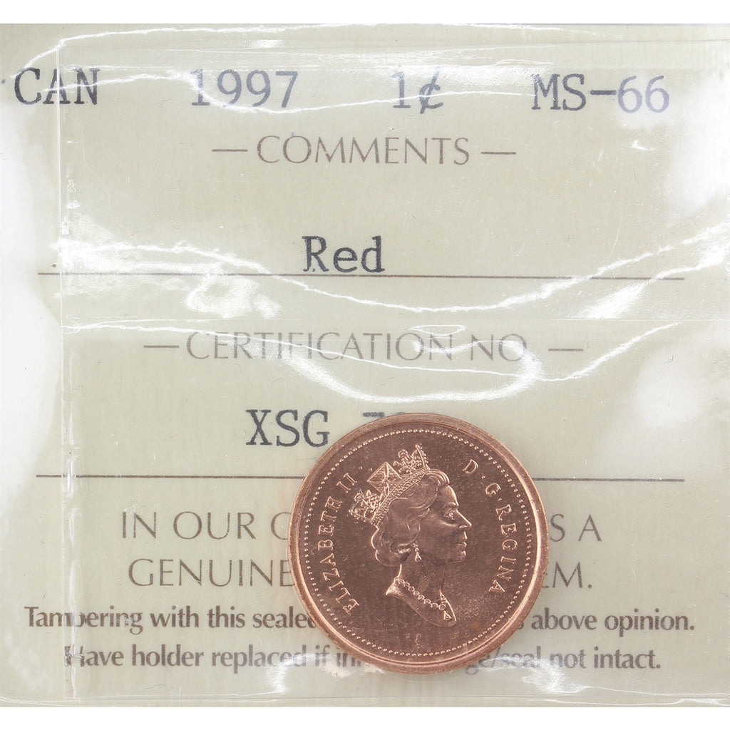 1997 Canada 1-cent ICCS Certified MS-66 Red