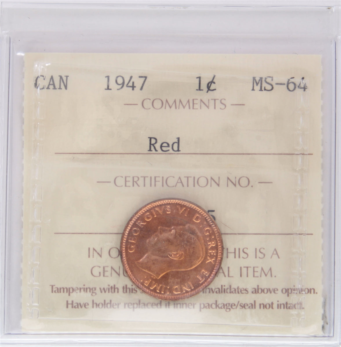 1947 Canada 1-cent ICCS Certified MS-64 Red