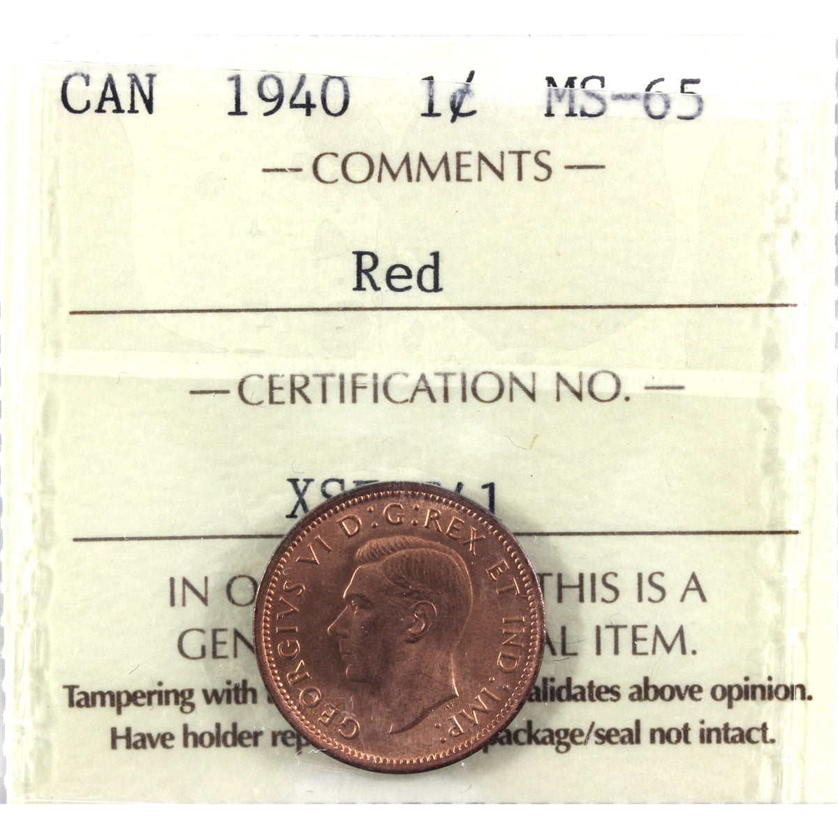 1940 Canada 1-cent ICCS Certified MS-65 Red