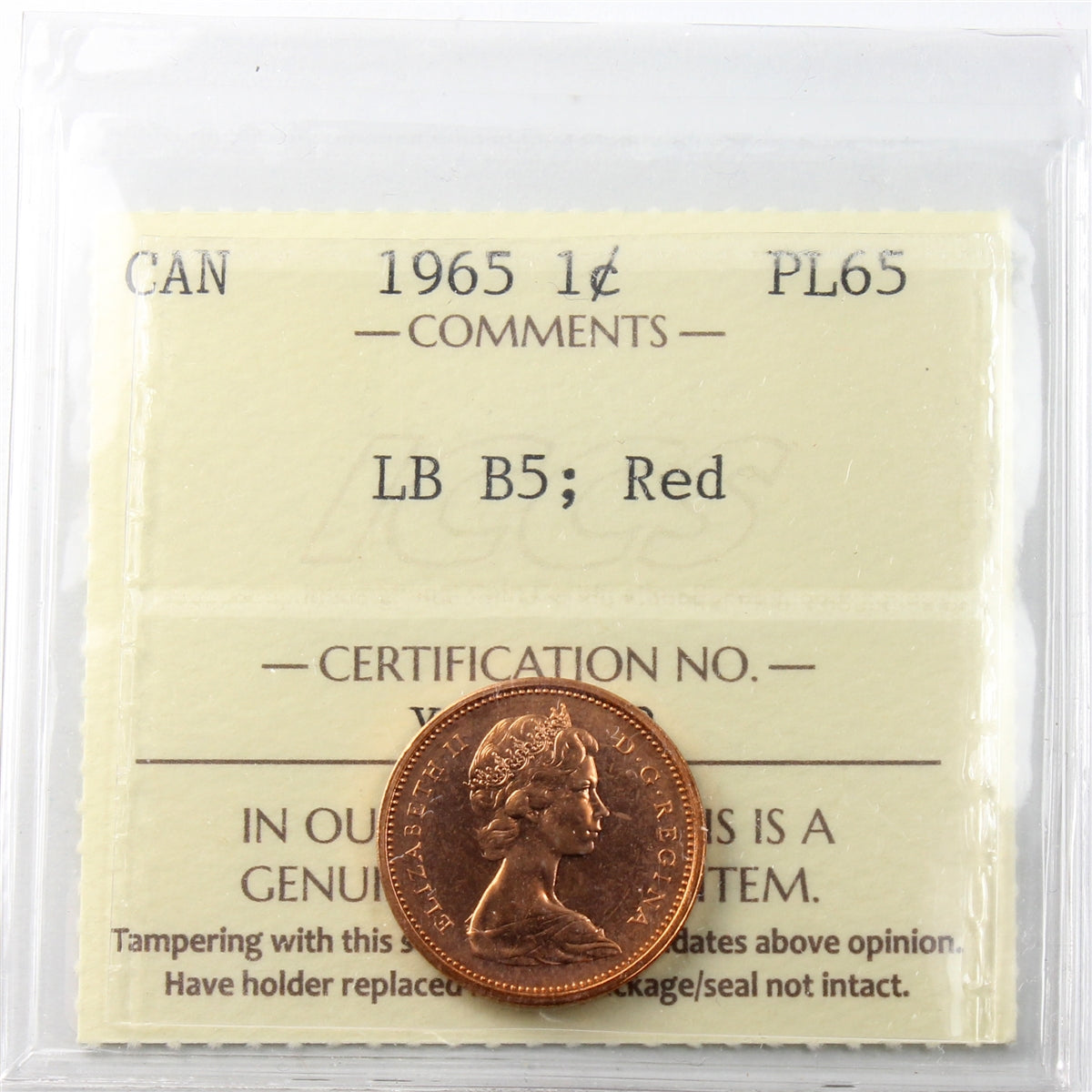 1965 LgBds Bl 5 (Type 3) Canada 1-cent ICCS Certified PL-65 Red