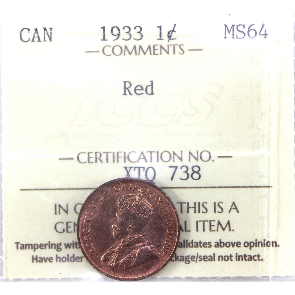 1933 Canada 1-cent ICCS Certified MS-64 (XTQ 738)