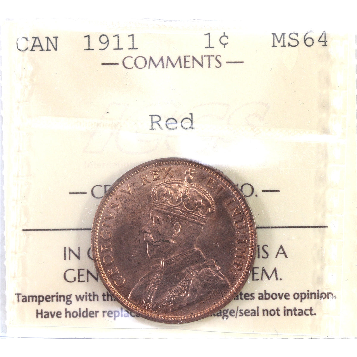 1911 Canada 1-cent ICCS Certified MS-64 Red (XXG 361)