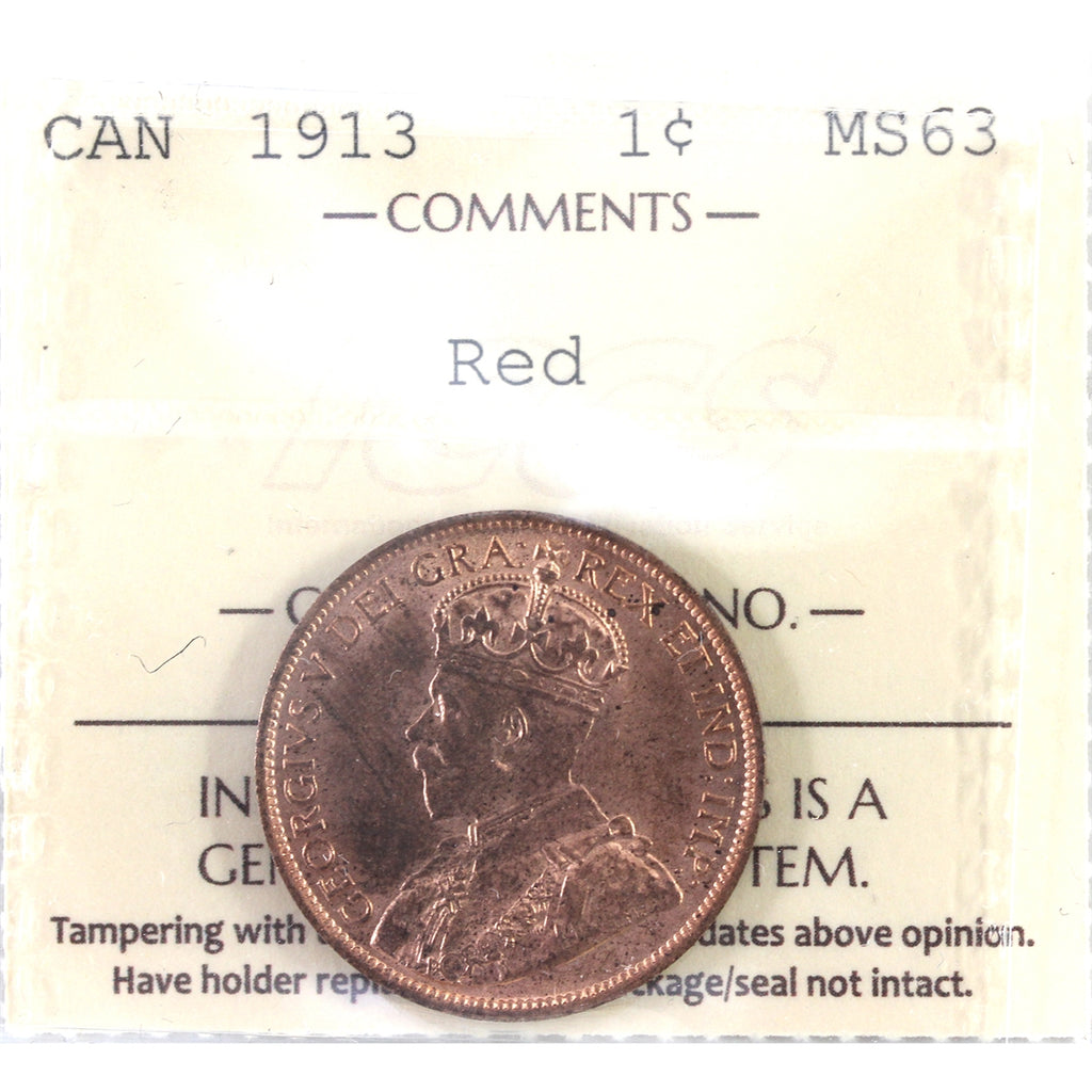1913 Canada 1-cent ICCS Certified MS-63 Red (XXG 364)