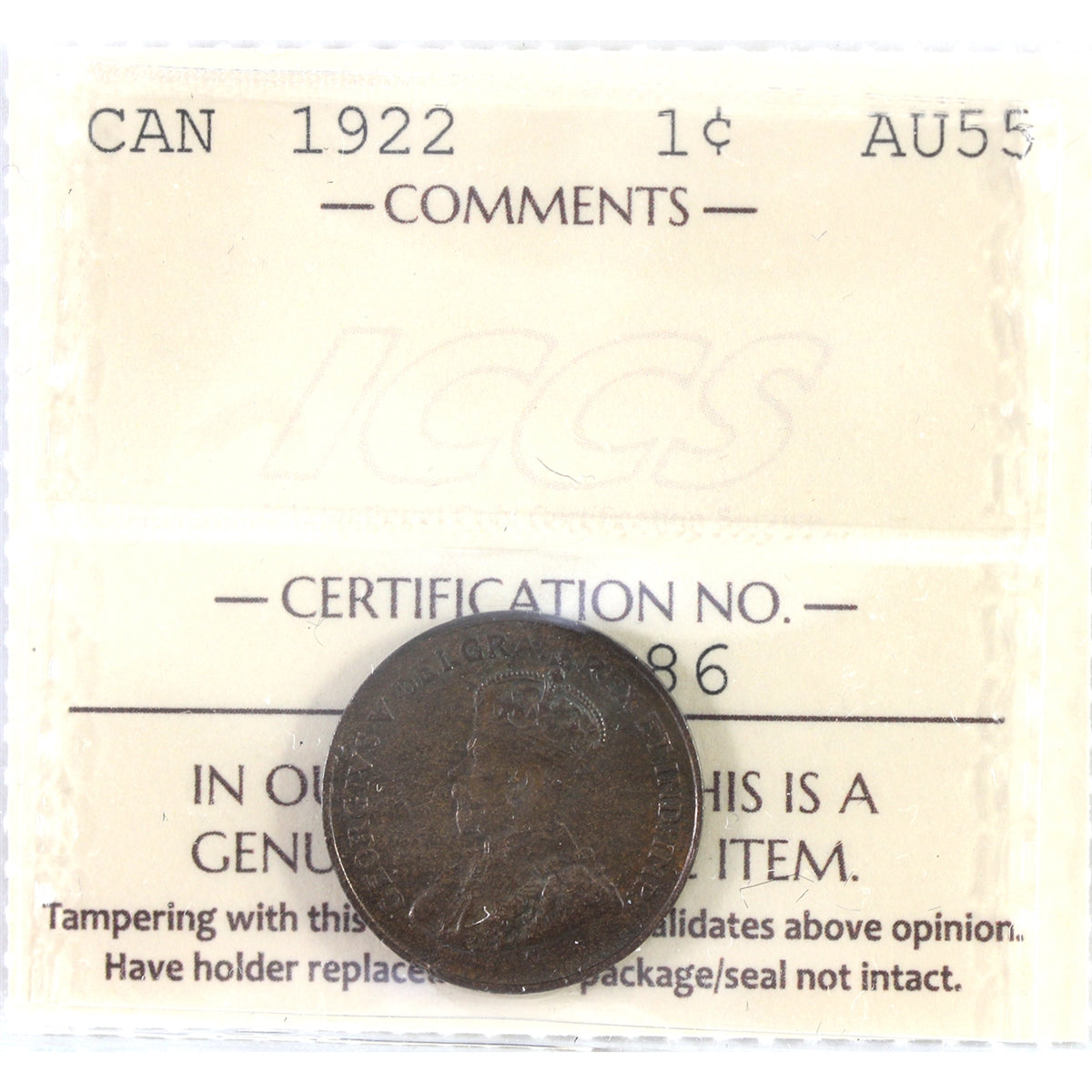 1922 Canada 1-cent ICCS Certified AU-55