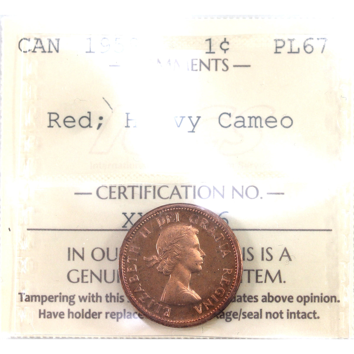 1959 Canada 1-cent ICCS Certified PL-67 Red, Heavy Cameo (XXQ 796)