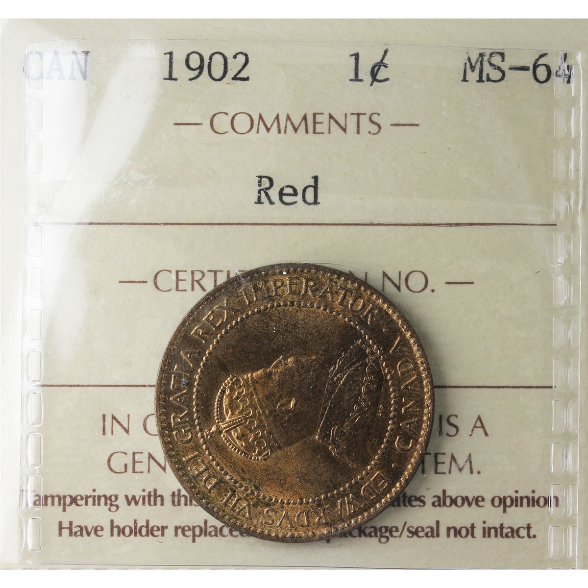 1902 Canada 1-cent ICCS Certified MS-64 Red (JD 816)