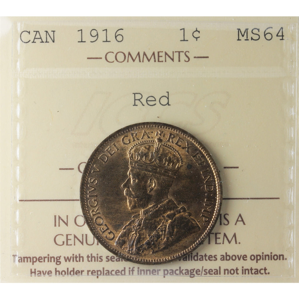 1916 Canada 1-cent ICCS Certified MS-64 Red (XDQ 821)