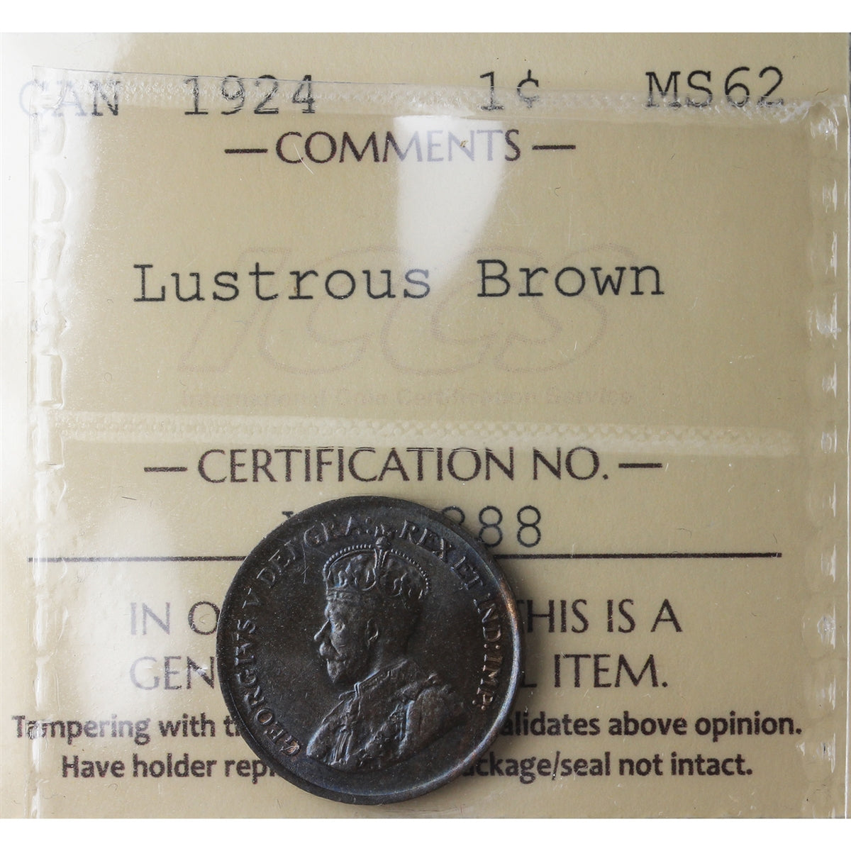 1924 Canada 1-cent ICCS Certified MS-62 Lustrous Brown (XXG 388)