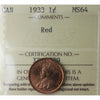 1933 Canada 1-cent ICCS Certified MS-64 Red (XTQ 739)