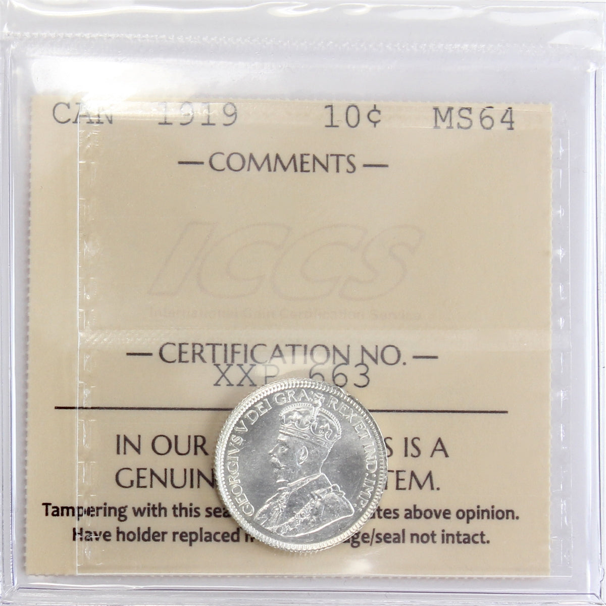 1919 Canada 10-cents ICCS Certified MS-64 (XXP 663)