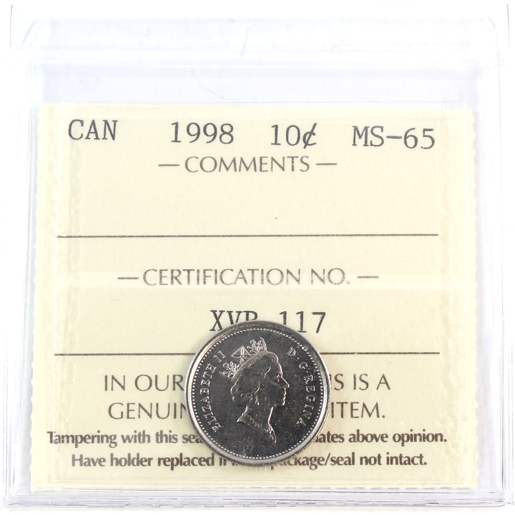 1998 Canada 10-cents ICCS Certified MS-65