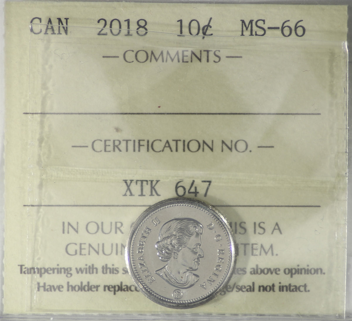 2018 Canada 10-cents ICCS Certified MS-66