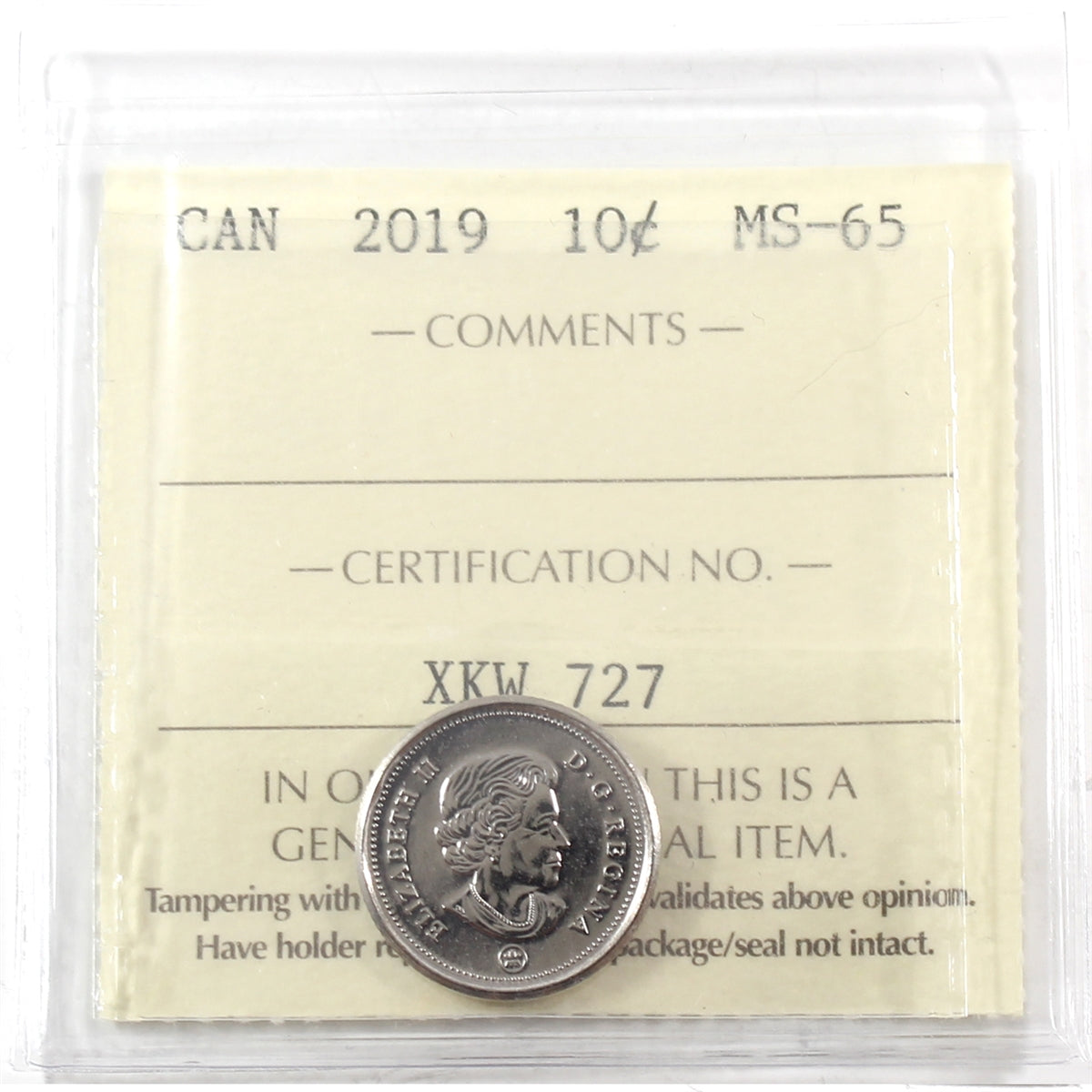 2019 Canada 10-cents ICCS Certified MS-65