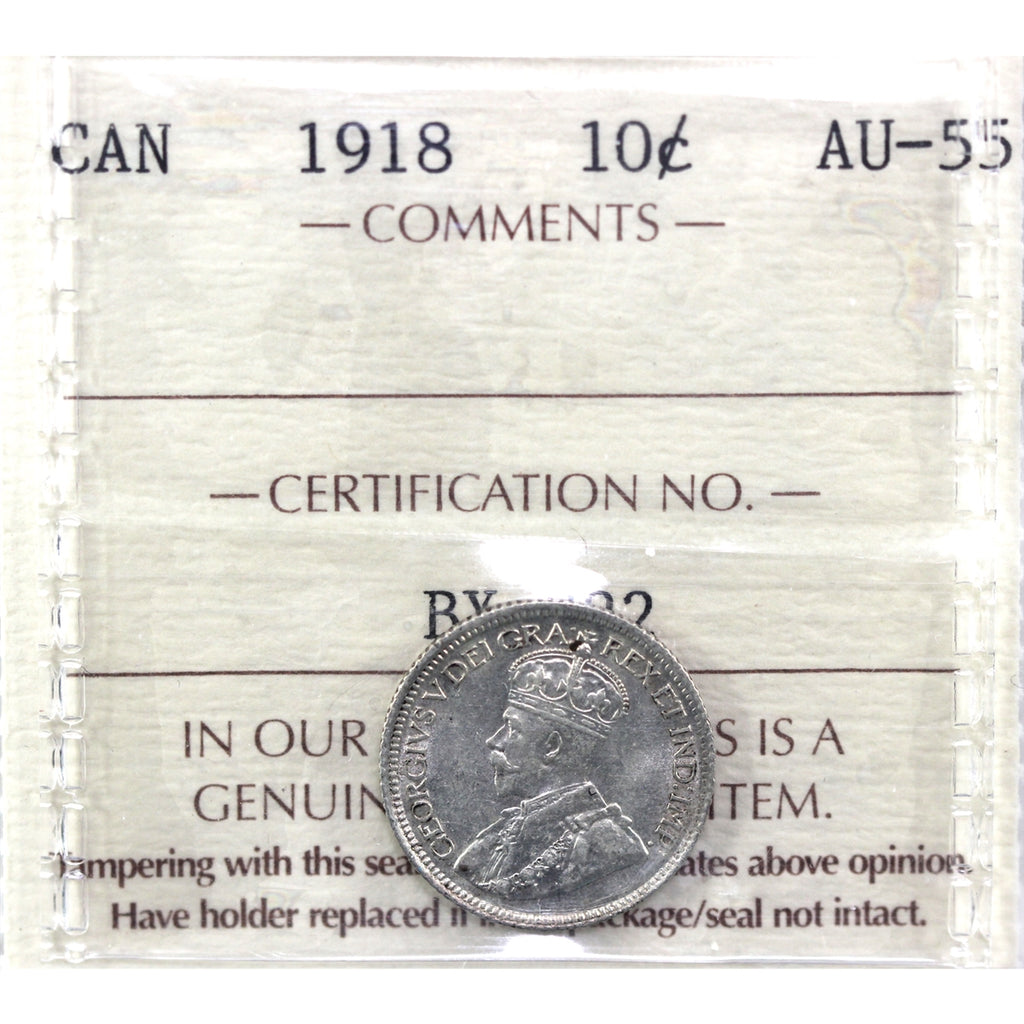 1918 Canada 10-cents ICCS Certified AU-55