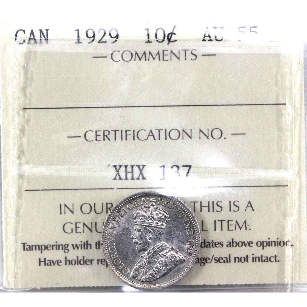 1929 Canada 10-cents ICCS Certified AU-55