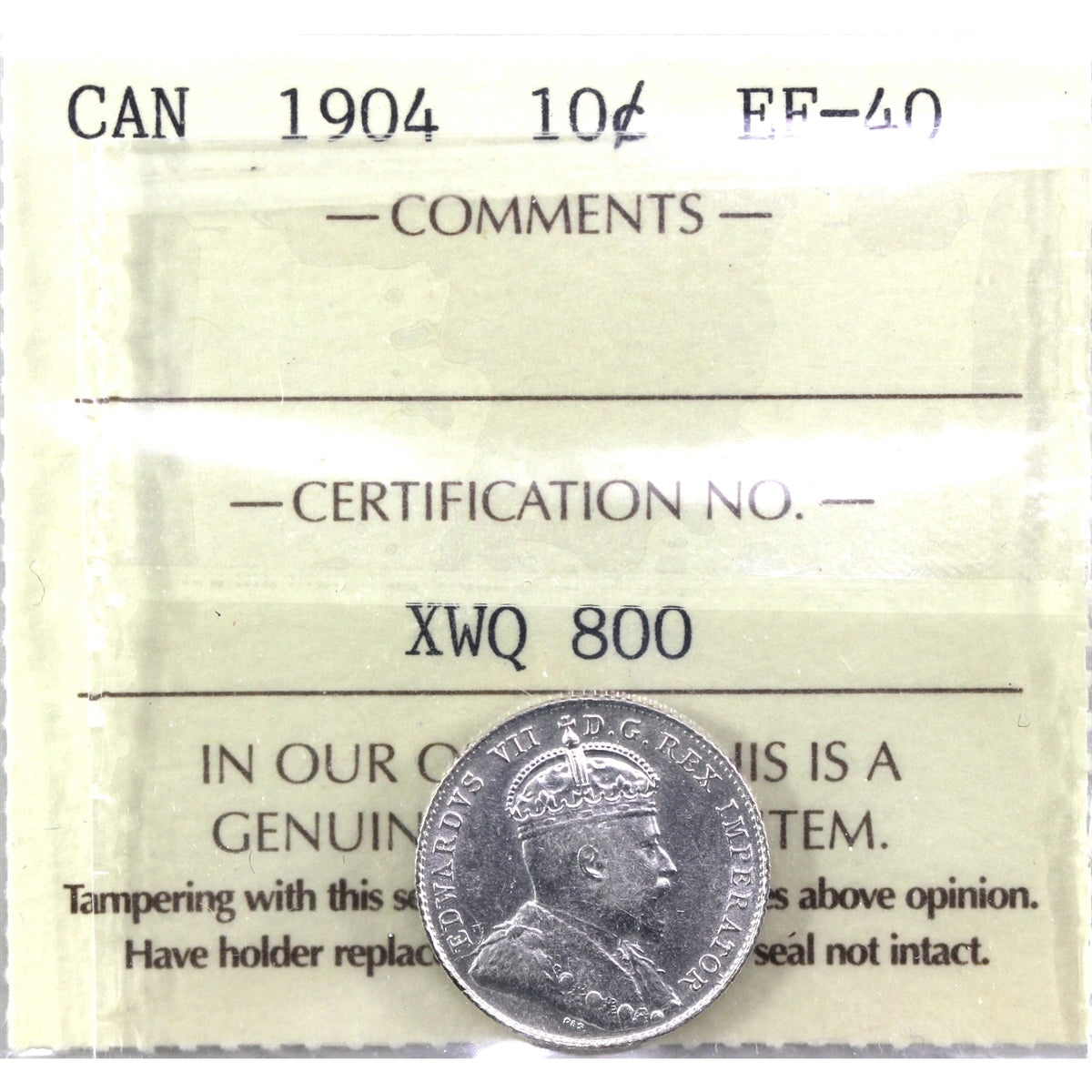 1904 Canada 10-cents ICCS Certfiied EF-40 (XWQ 800)