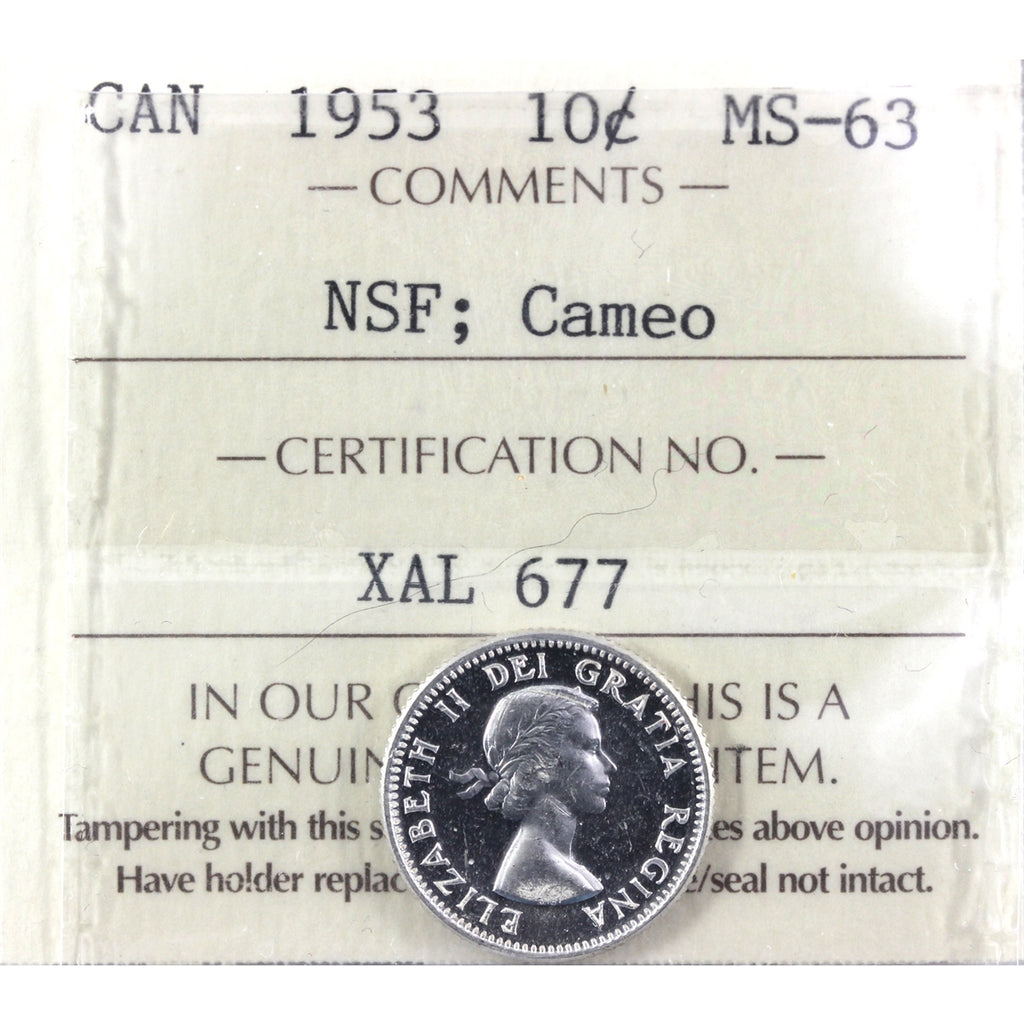 1953 NSF Canada 10-cents ICCS Certified MS-63 Cameo (XAL 677)