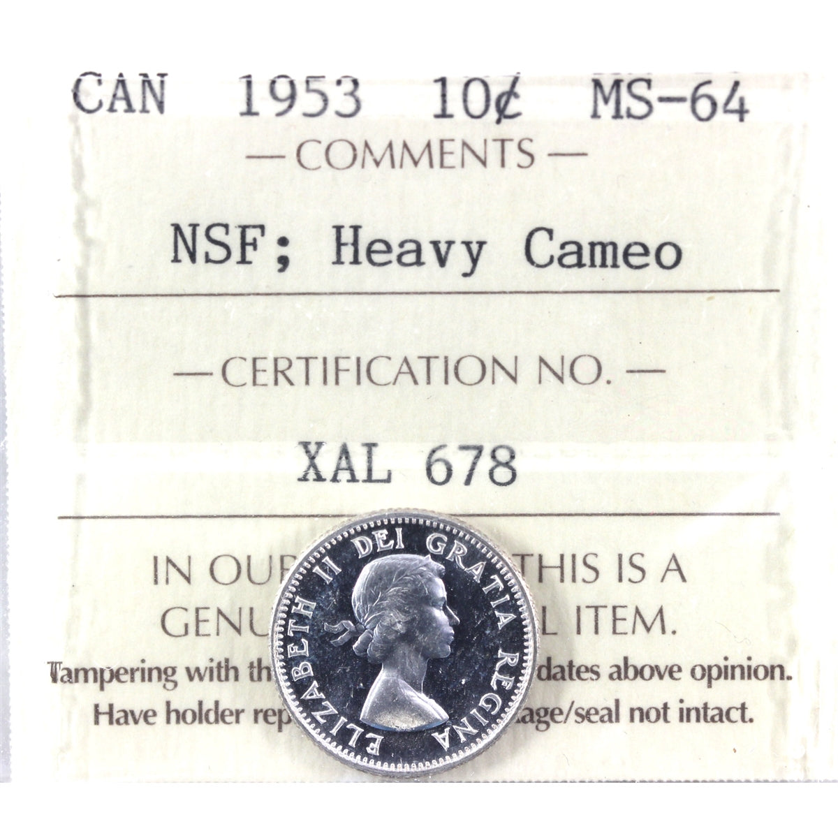 1953 NSF Canada 10-cents ICCS Certified MS-64 Heavy Cameo (XAL 678)