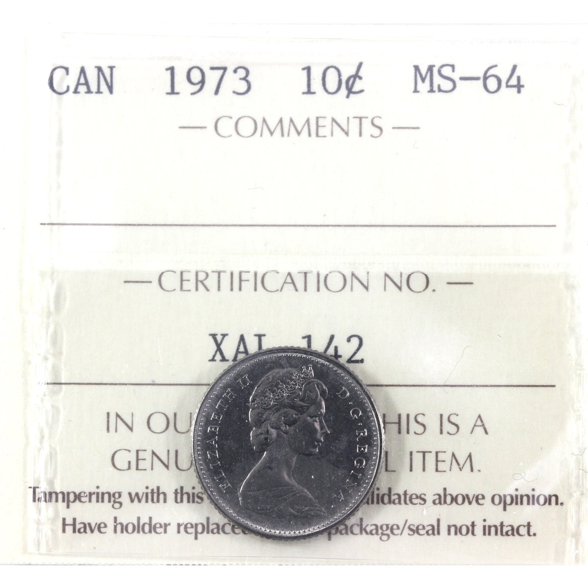 1973 Canada 10-cents ICCS Certified MS-64
