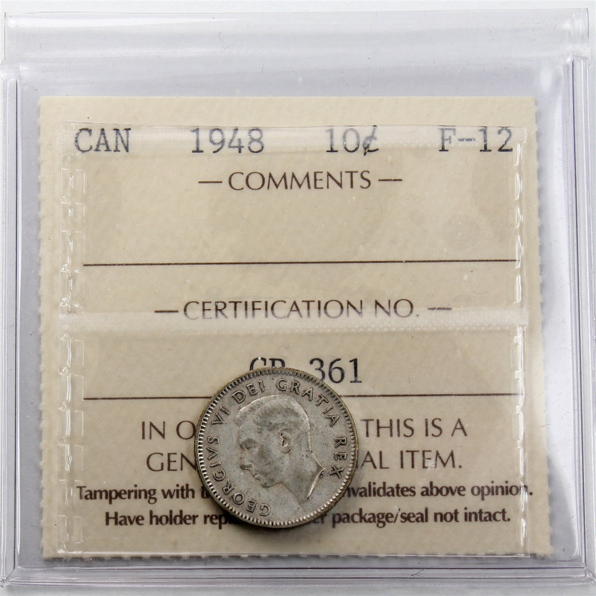 1948 Canada 10-cents ICCS Certified F-12
