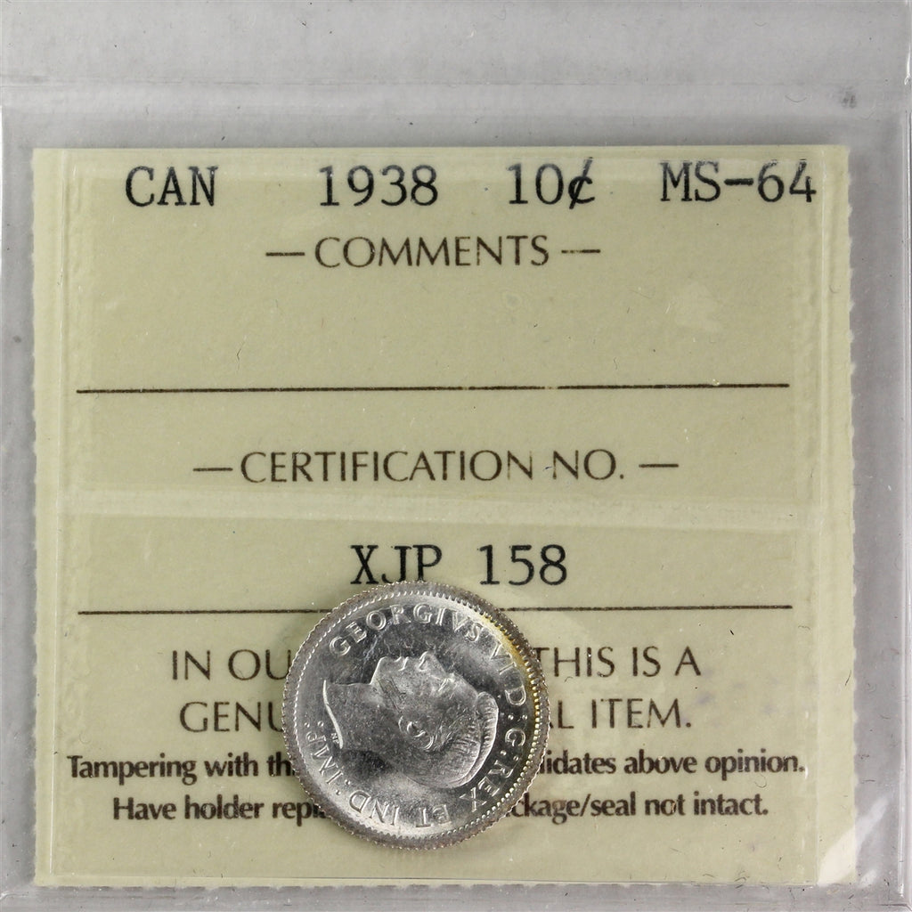 1938 Canada 10-cents ICCS Certified MS-64 (XJP 158)