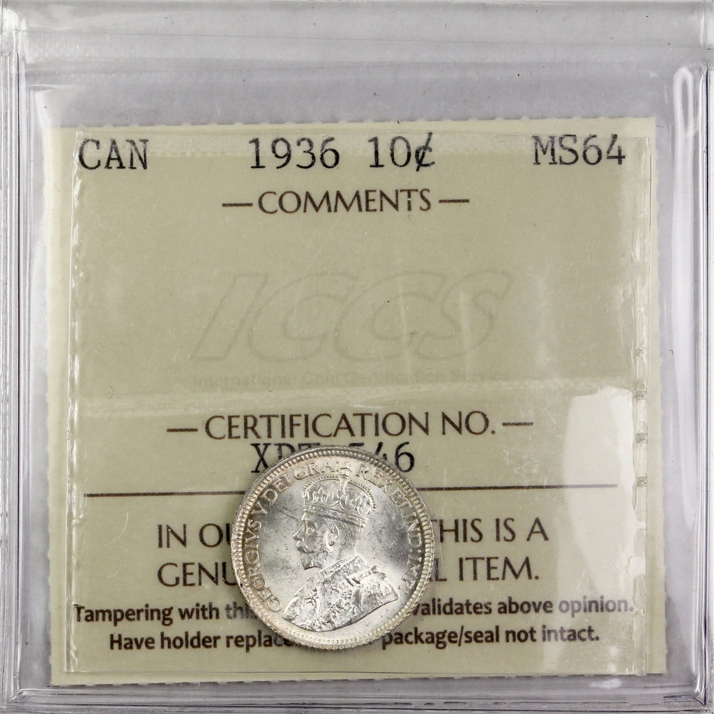 1936 Canada 10-cents ICCS Certified MS-64 (XDT 546)