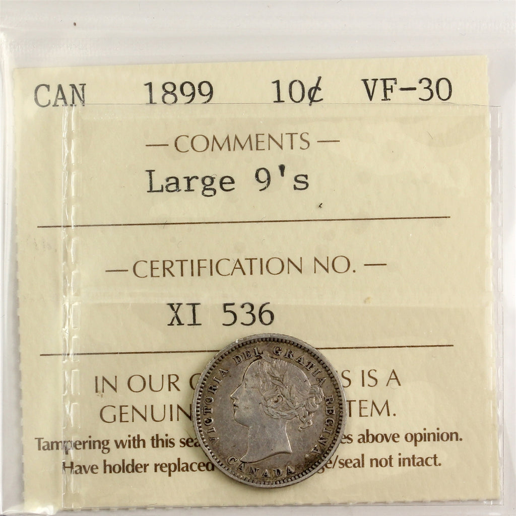 1899 Large 9s Canada 10-cents ICCS Certified VF-30
