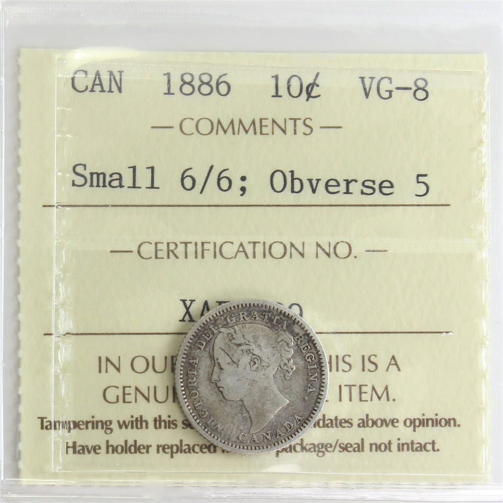 1886 Small 6/6, Obv. 5 Canada 10-cents ICCS Certified VG-8