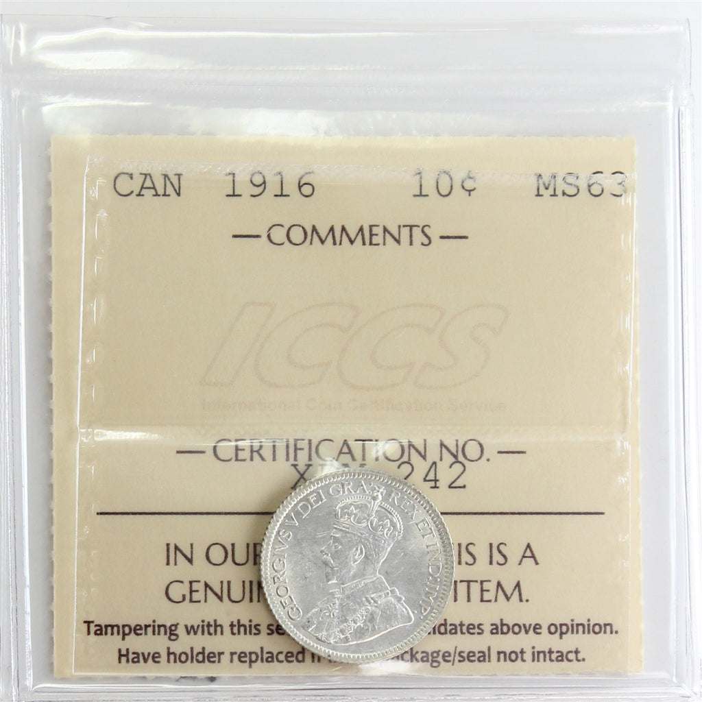 1916 Canada 10-cents ICCS Certified MS-63 (XDM 242)