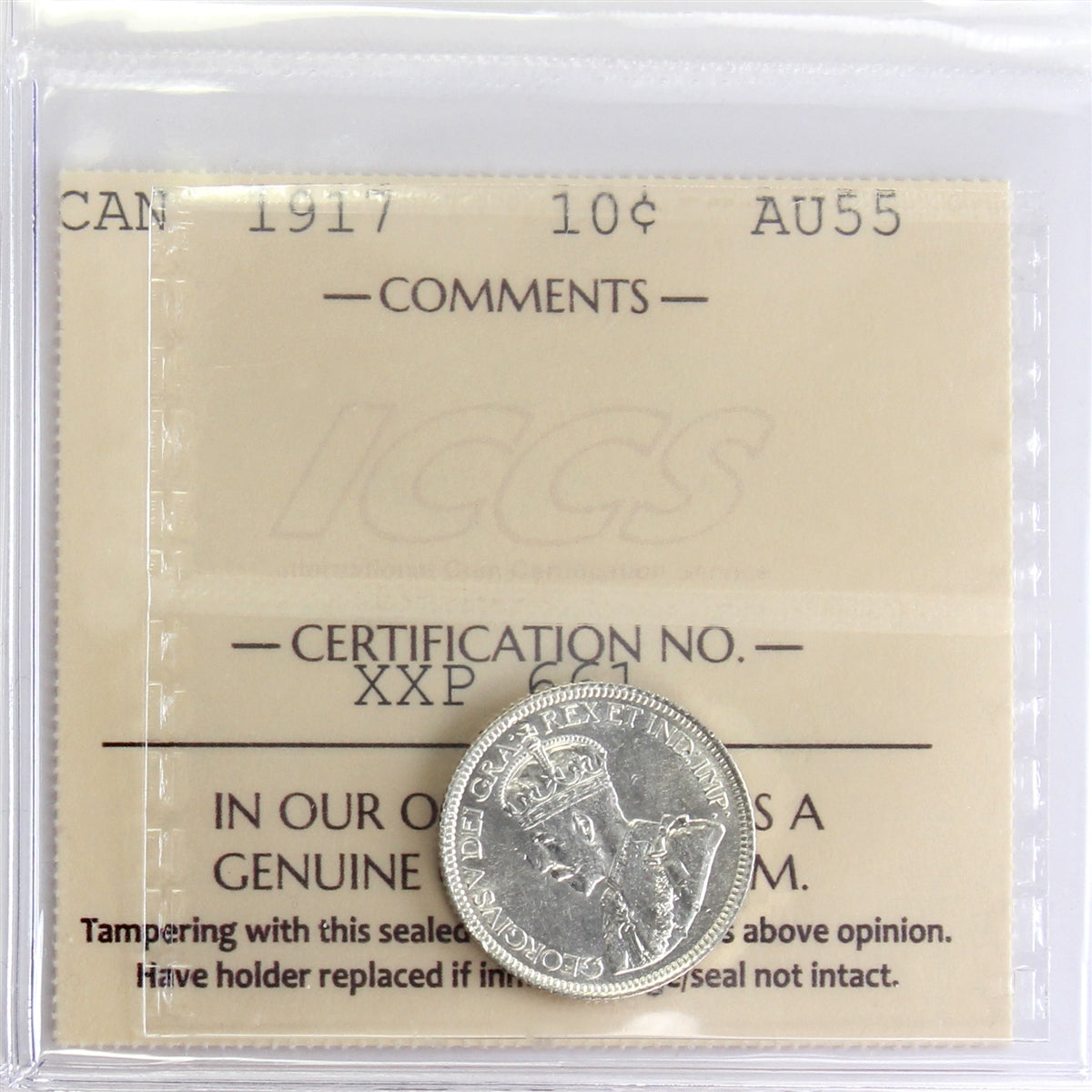 1917 Canada 10-cents ICCS Certified AU-55