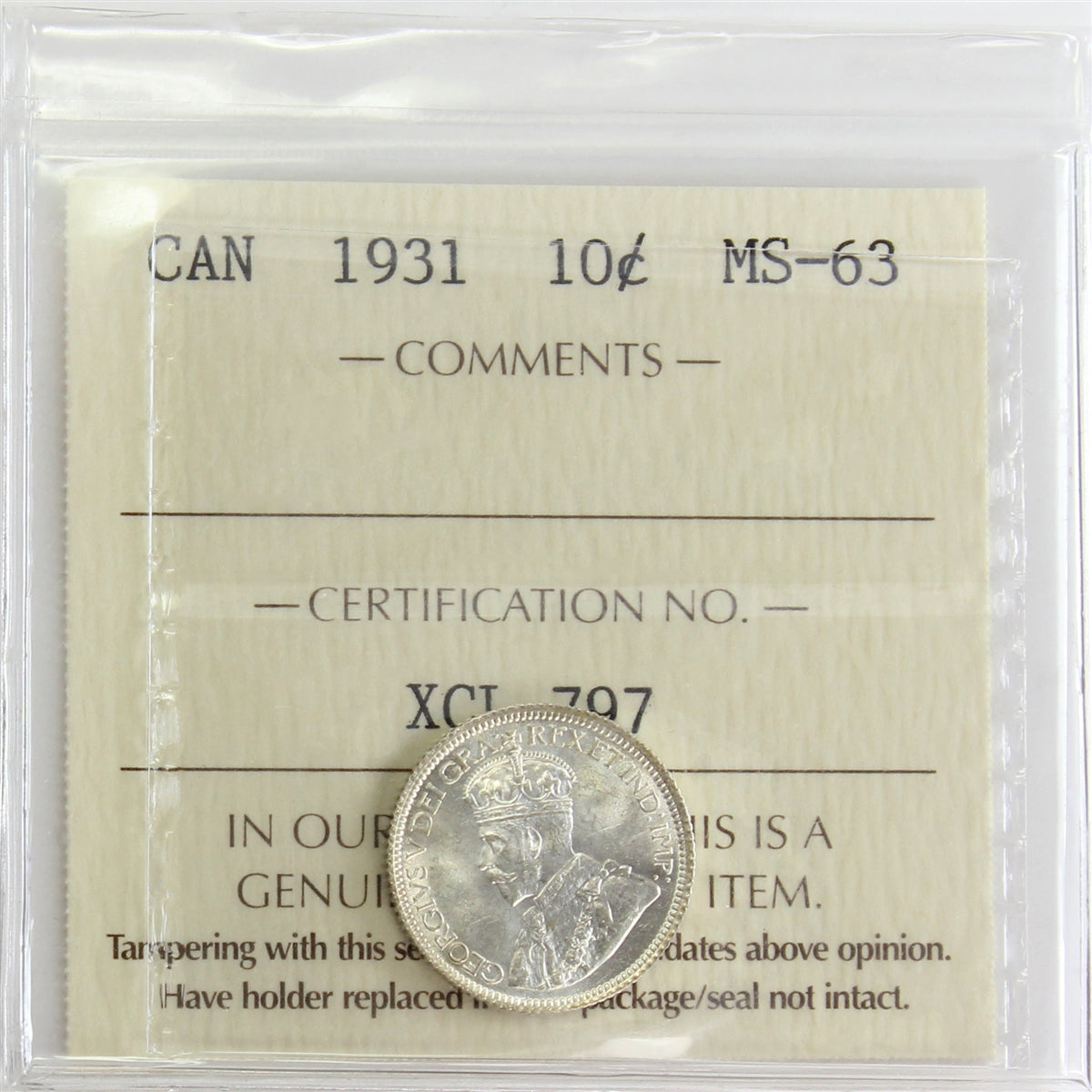 1931 Canada 10-cents ICCS Certified MS-63 (XCL 797)