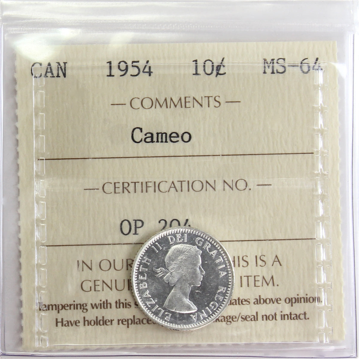 1954 Canada 10-cents ICCS Certified MS-64 Cameo