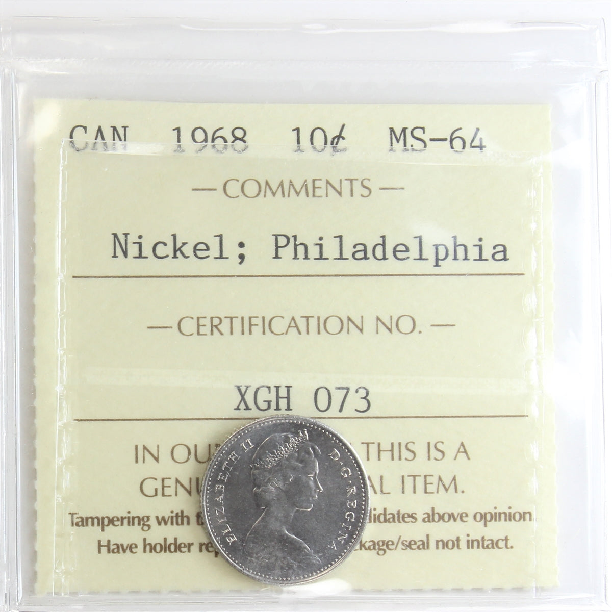 1968 Philadelphia Nickel 10-cents ICCS Certified MS-64