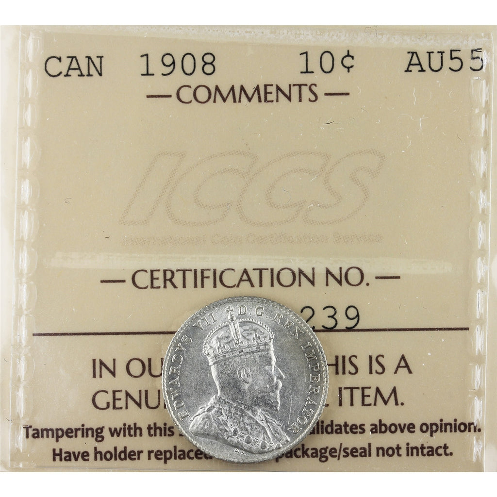 1908 Canada 10-cents ICCS Certified AU-55