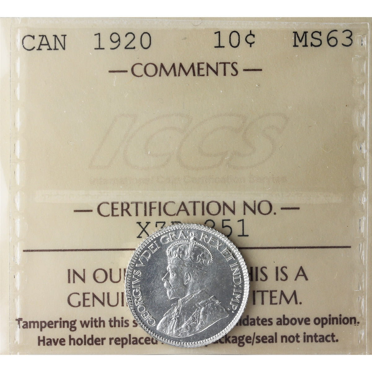 1920 Canada 10-cents ICCS Certified MS-63 (XZD 251)