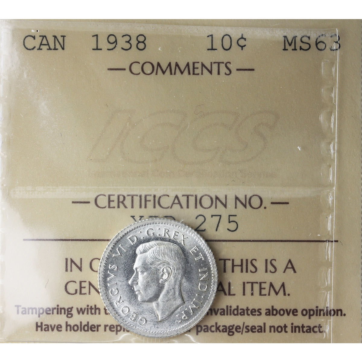 1938 Canada 10-cents ICCS Certified MS-63 (XZD 275)