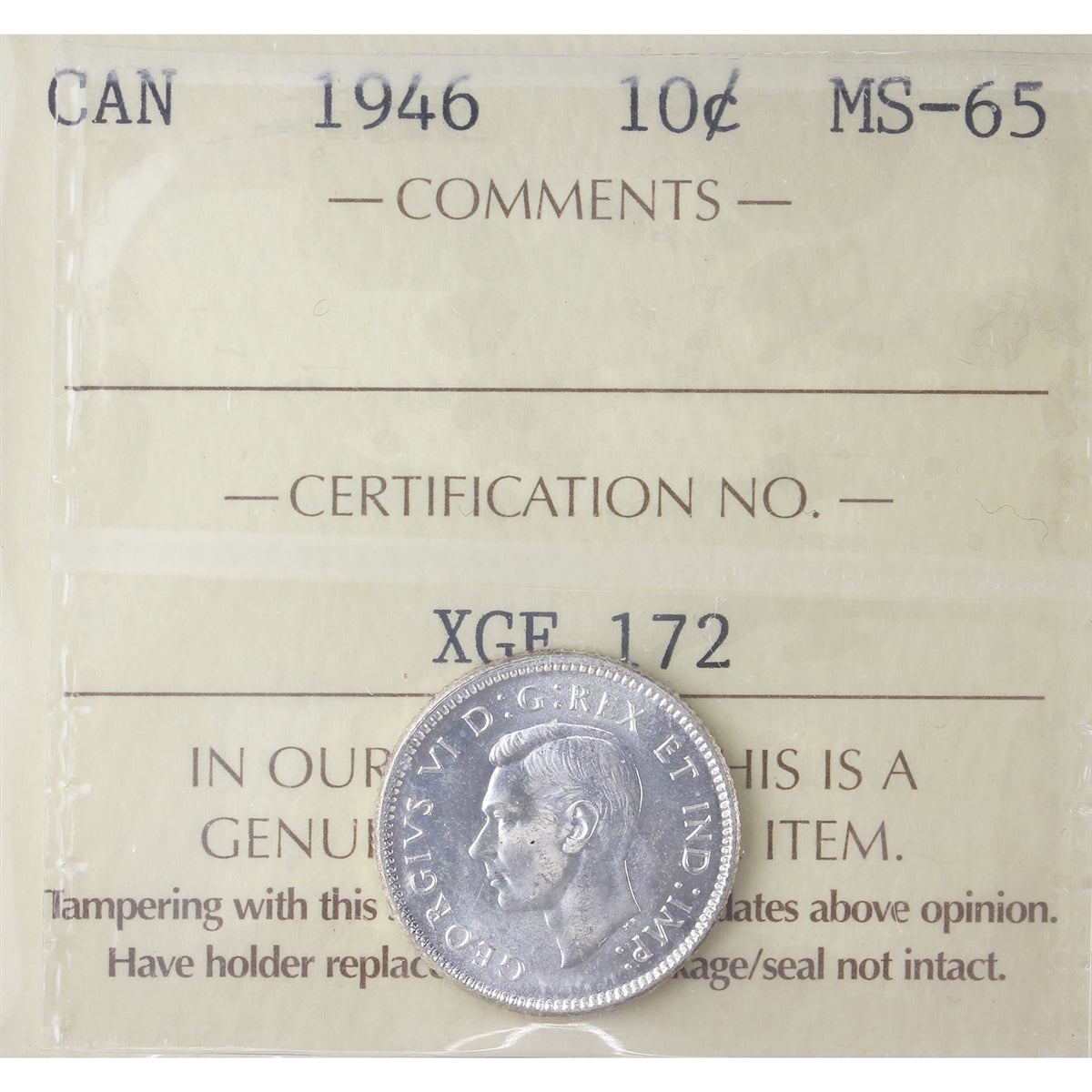 1946 Canada 10-cents ICCS Certified MS-65 (XGE 172)