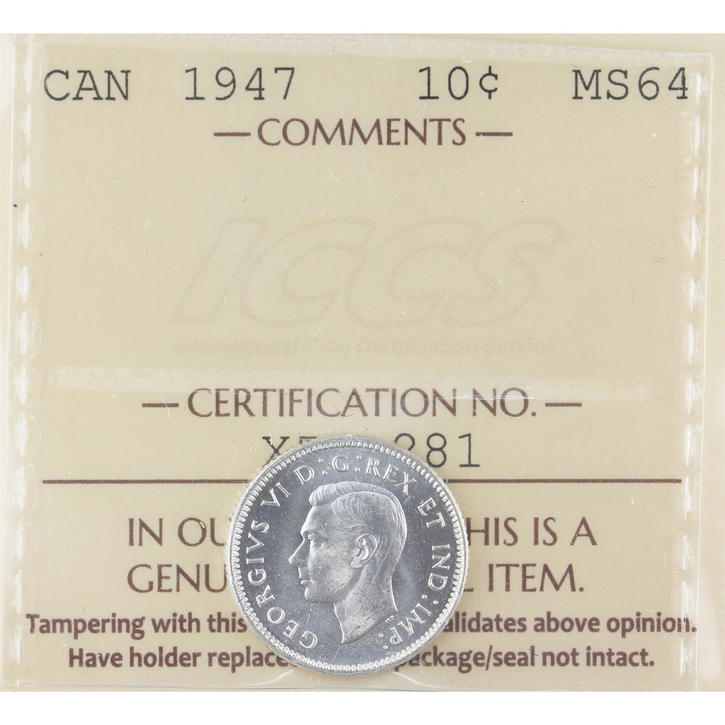 1947 Canada 10-cents ICCS Certified MS-64 (XZD 281)