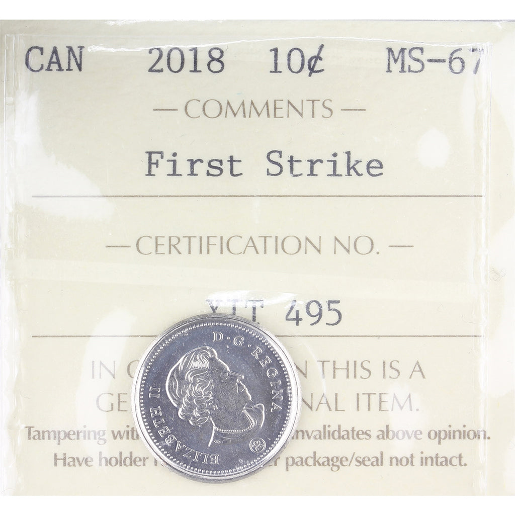 2018 Canada 10-cents ICCS Certified MS-67 First Strike