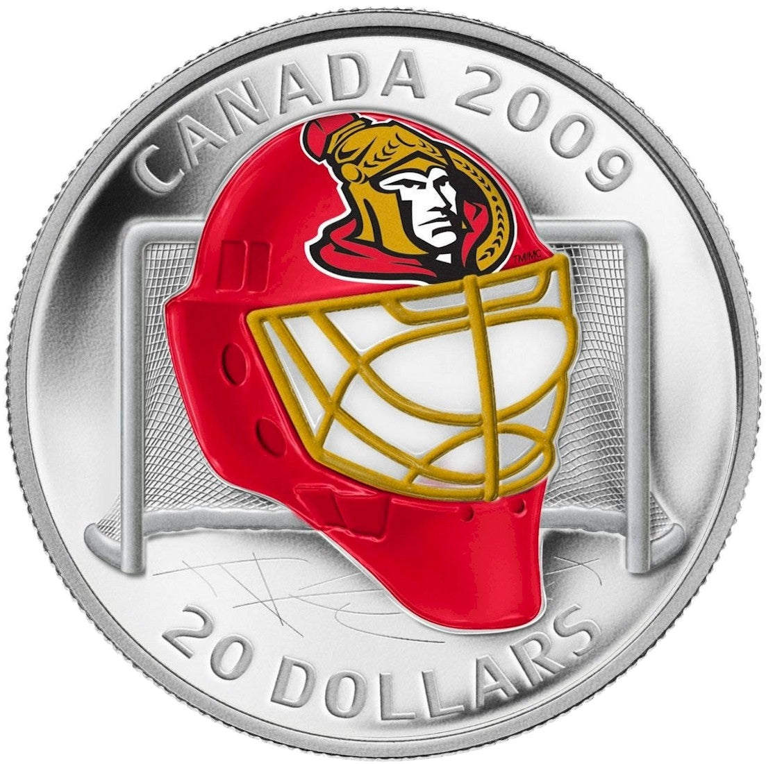 2009 Canada $20 Ottawa Senators NHL Goalie Mask & Acrylic Stand Sterling Silver