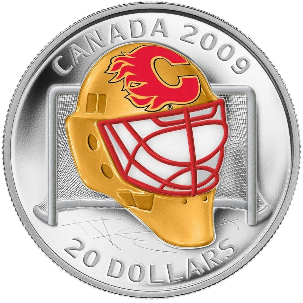 2009 Canada $20 Calgary Flames NHL Goalie Mask Coin & Acrylic Stand Sterling Silver