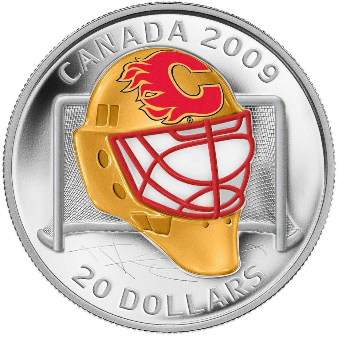 2009 Canada $20 Calgary Flames NHL Goalie Mask Coin & Acrylic Stand Sterling Silver