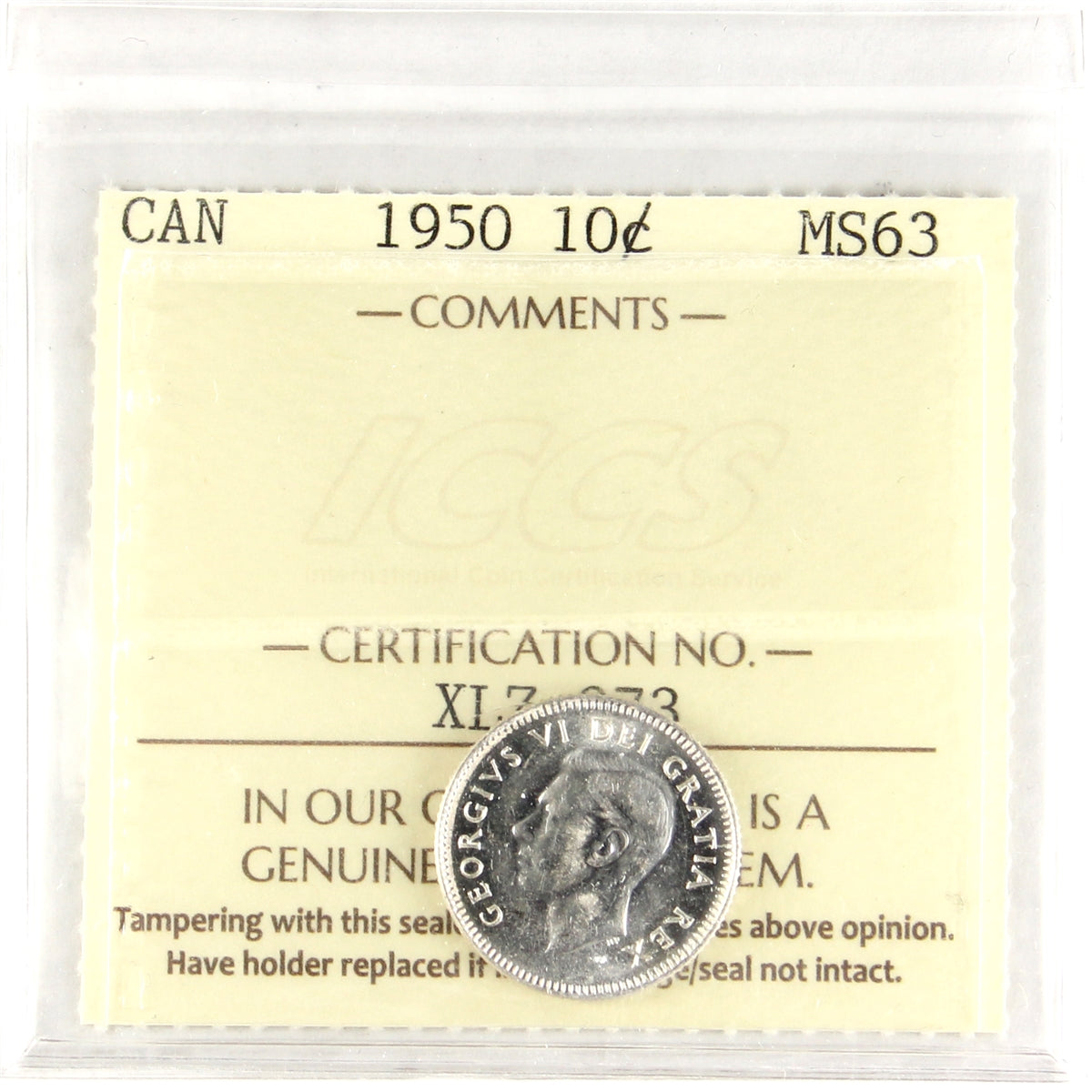 1950 Canada 10-cents ICCS Certified MS-63