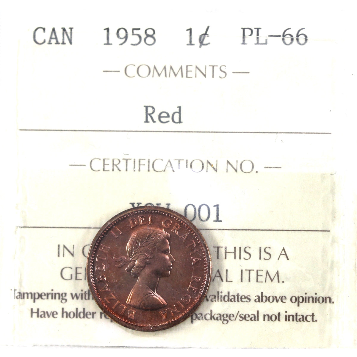 1958 Canada 1-cent ICCS Certified PL-66 Red