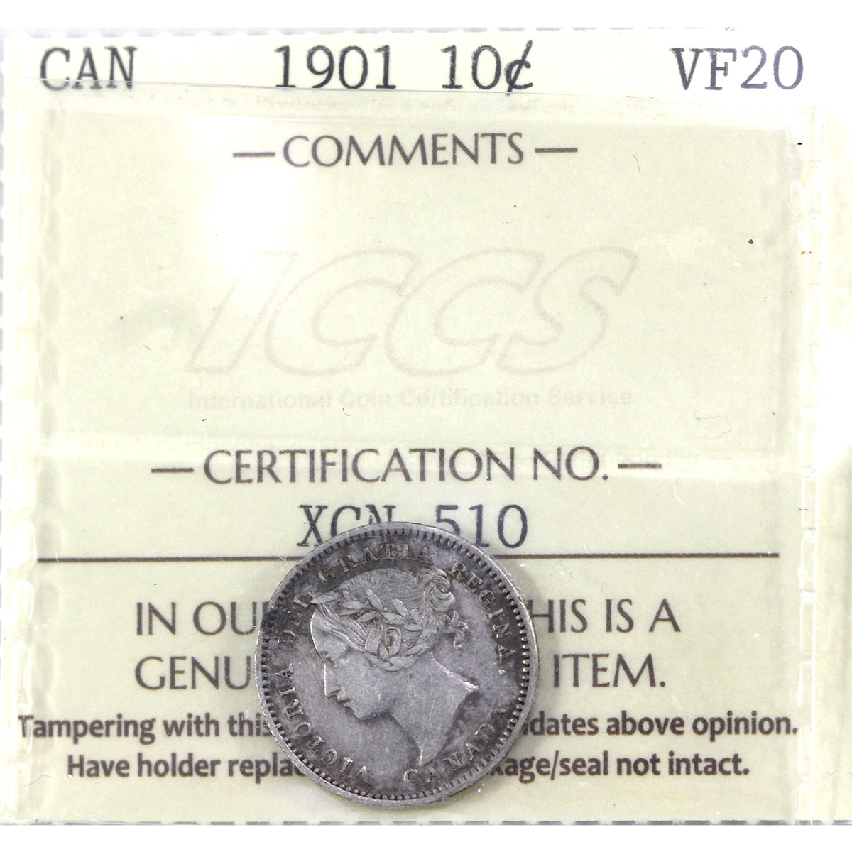 1901 Canada 10-cents ICCS Certified VF-20