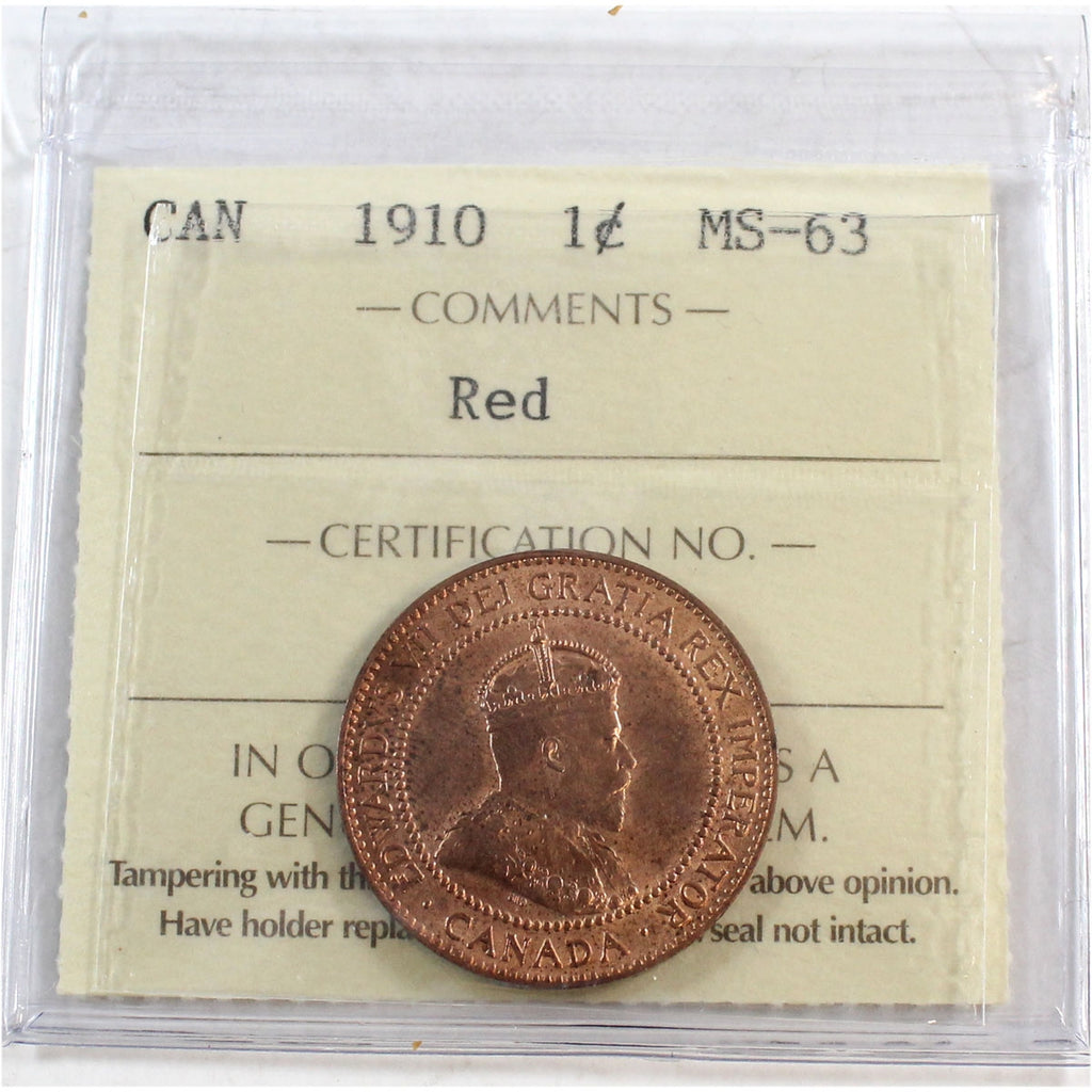 1910 Canada 1-cent ICCS Certified MS-63 Red