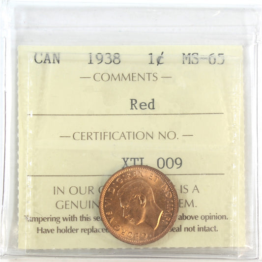 1938 Canada 1-cent ICCS Certified MS-65 Red